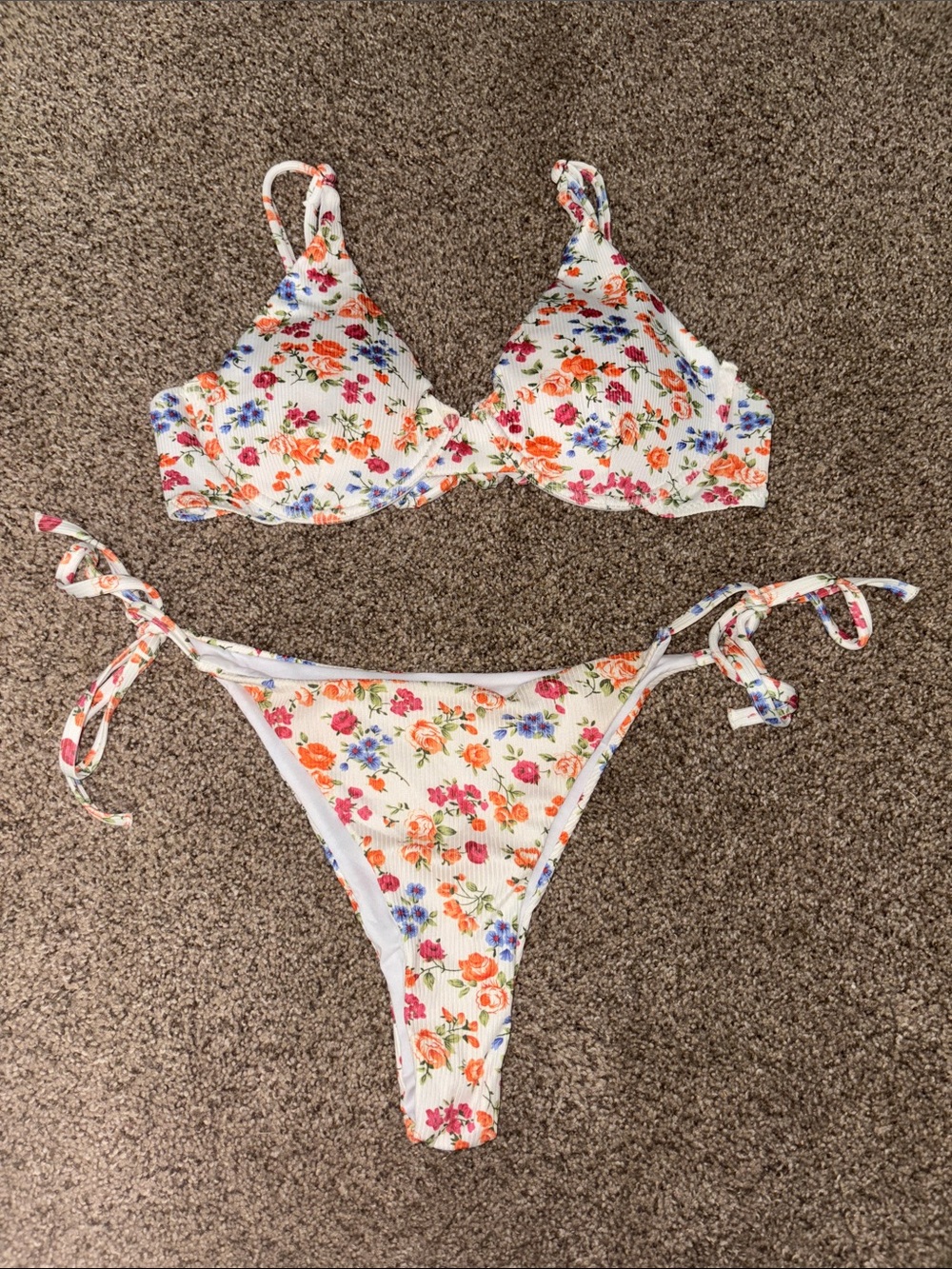 Never Worn Amazon White Floral Tie-Side Bikini with Orange, Pink & Purple Blooms